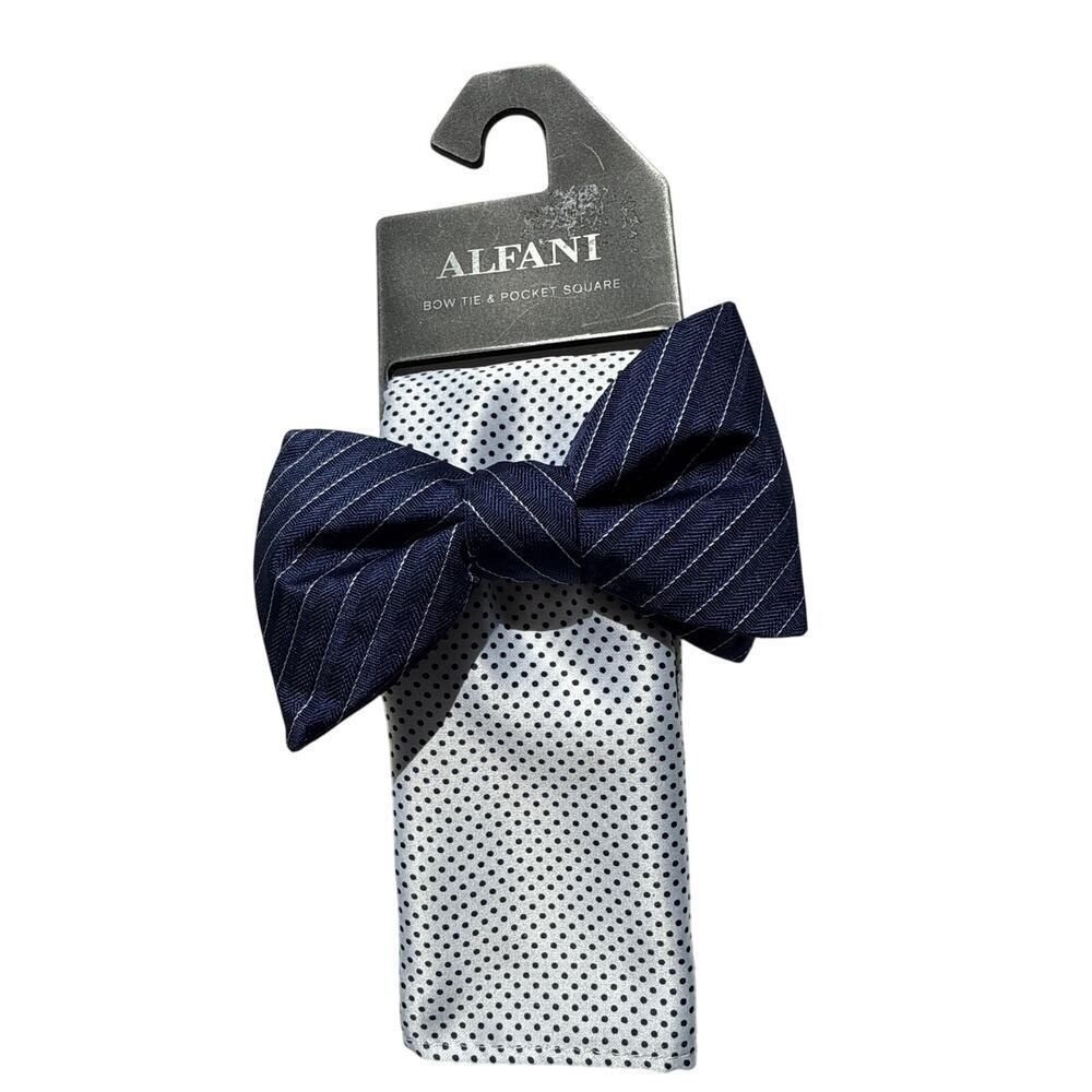 Alfani Bow Tie & Pocket Square Navy Blue & White Colors NWT